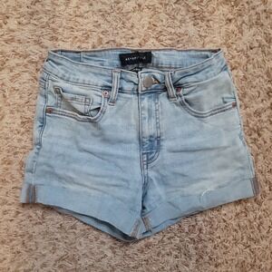 Aeropostale Denim Shorts Girls Size 4 Light Wash High Rise Midi Cuffed Stretch
